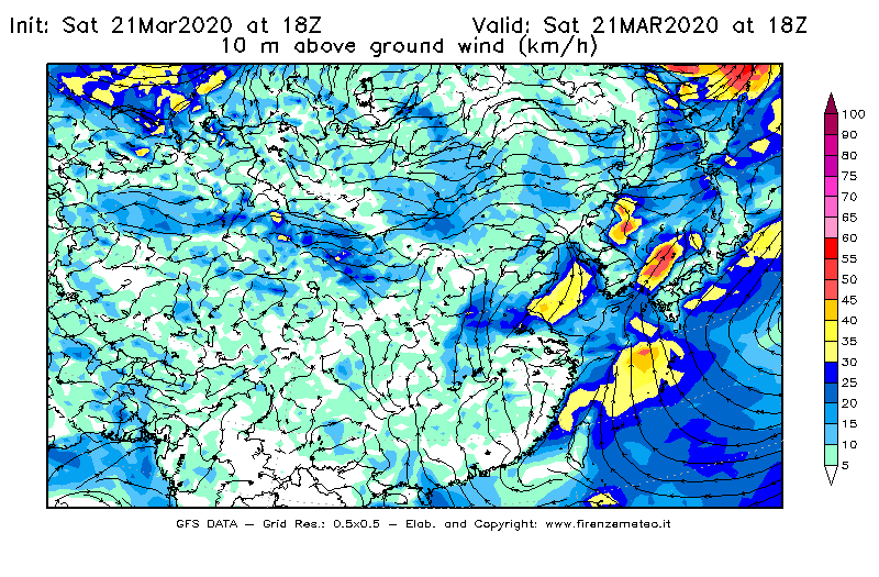 Mappa di analisi GFS - Velocità del vento a 10 metri dal suolo [km/h] in Asia Orientale
							del 21/03/2020 18 <!--googleoff: index-->UTC<!--googleon: index-->