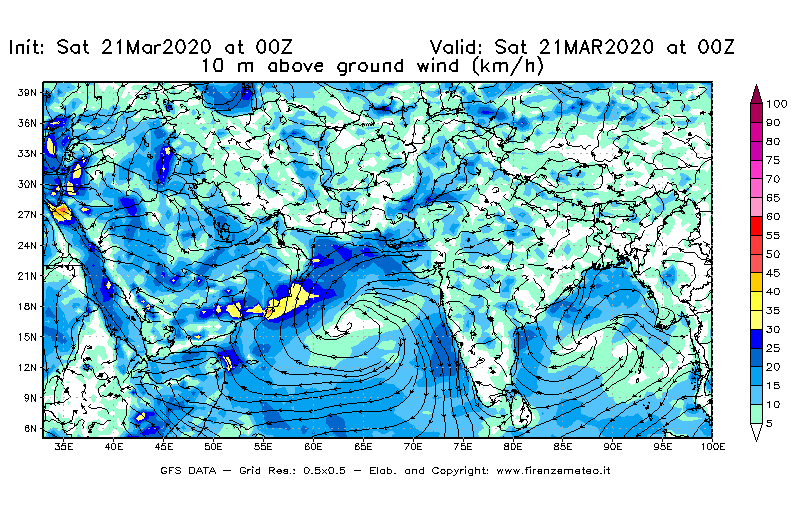 Mappa di analisi GFS - Velocità del vento a 10 metri dal suolo [km/h] in Asia Sud-Occidentale
							del 21/03/2020 00 <!--googleoff: index-->UTC<!--googleon: index-->