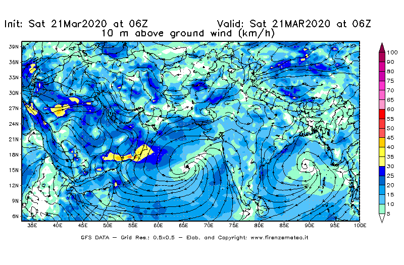 Mappa di analisi GFS - Velocità del vento a 10 metri dal suolo [km/h] in Asia Sud-Occidentale
							del 21/03/2020 06 <!--googleoff: index-->UTC<!--googleon: index-->