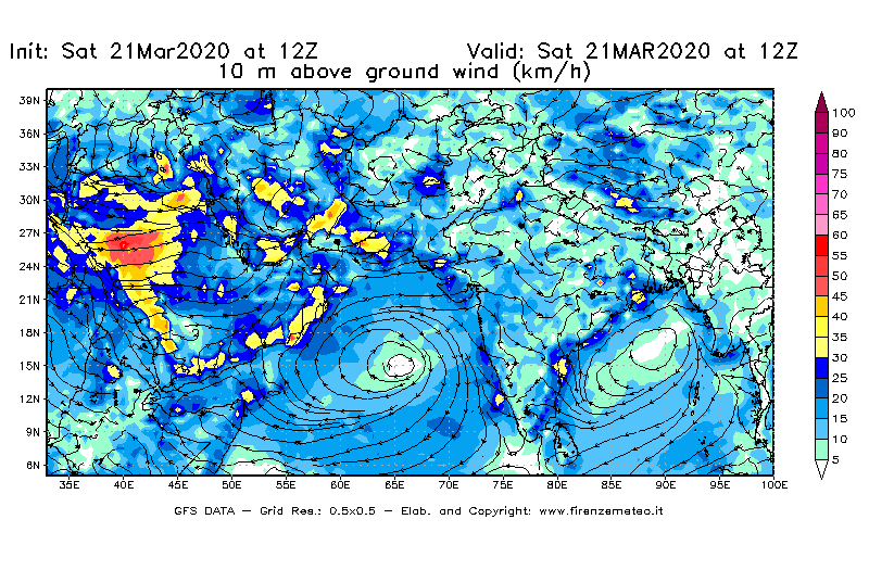 Mappa di analisi GFS - Velocità del vento a 10 metri dal suolo [km/h] in Asia Sud-Occidentale
							del 21/03/2020 12 <!--googleoff: index-->UTC<!--googleon: index-->