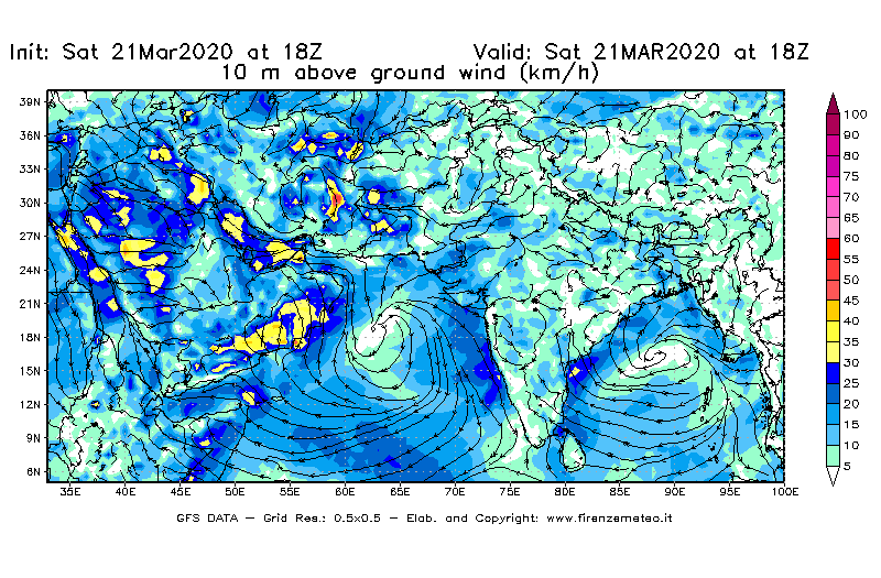 Mappa di analisi GFS - Velocità del vento a 10 metri dal suolo [km/h] in Asia Sud-Occidentale
									del 21/03/2020 18 <!--googleoff: index-->UTC<!--googleon: index-->