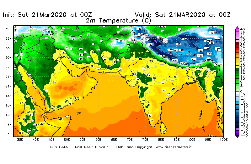 Mappa di analisi GFS - Temperatura a 2 metri dal suolo [°C] in Asia Sud-Occidentale
									del 21/03/2020 00 <!--googleoff: index-->UTC<!--googleon: index-->
