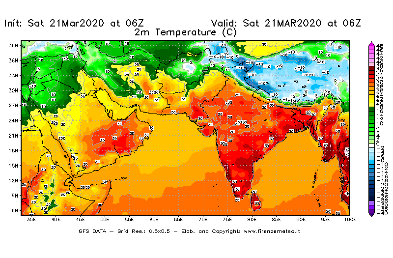 Mappa di analisi GFS - Temperatura a 2 metri dal suolo [°C] in Asia Sud-Occidentale
							del 21/03/2020 06 <!--googleoff: index-->UTC<!--googleon: index-->