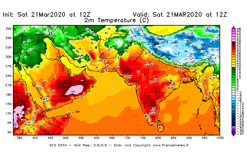 Mappa di analisi GFS - Temperatura a 2 metri dal suolo [°C] in Asia Sud-Occidentale
							del 21/03/2020 12 <!--googleoff: index-->UTC<!--googleon: index-->