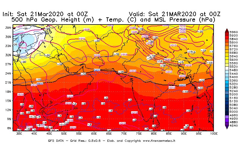 Mappa di analisi GFS - Geopotenziale [m] + Temp. [°C] a 500 hPa + Press. a livello del mare [hPa] in Asia Sud-Occidentale
									del 21/03/2020 00 <!--googleoff: index-->UTC<!--googleon: index-->