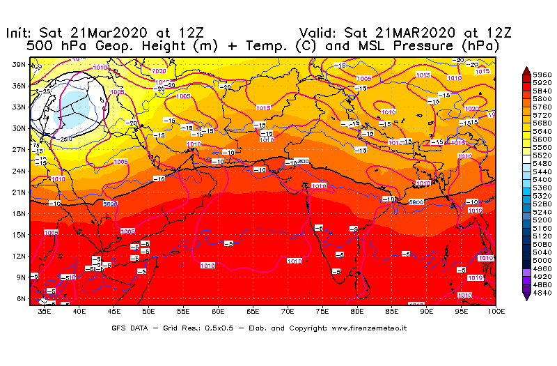 Mappa di analisi GFS - Geopotenziale [m] + Temp. [°C] a 500 hPa + Press. a livello del mare [hPa] in Asia Sud-Occidentale
							del 21/03/2020 12 <!--googleoff: index-->UTC<!--googleon: index-->