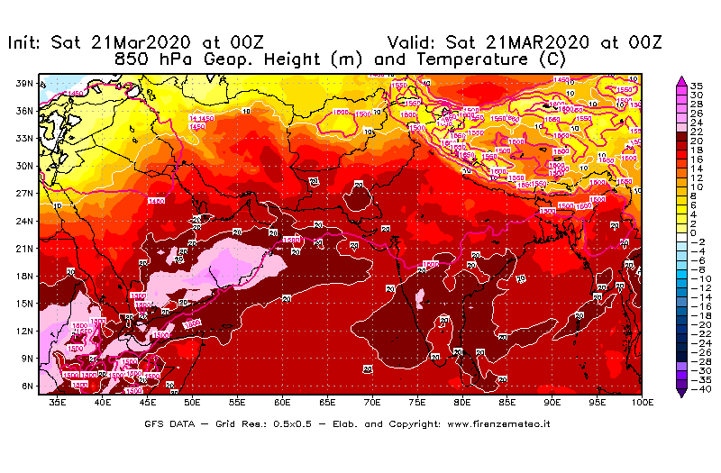 Mappa di analisi GFS - Geopotenziale [m] e Temperatura [°C] a 850 hPa in Asia Sud-Occidentale
									del 21/03/2020 00 <!--googleoff: index-->UTC<!--googleon: index-->