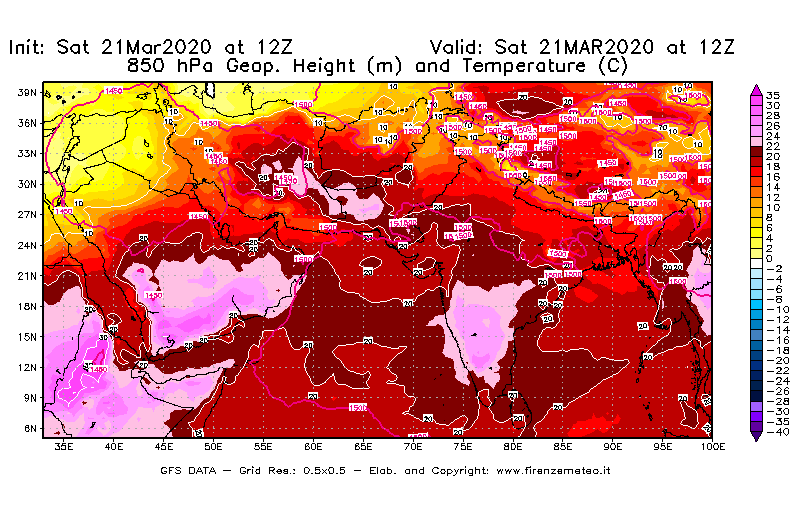 Mappa di analisi GFS - Geopotenziale [m] e Temperatura [°C] a 850 hPa in Asia Sud-Occidentale
									del 21/03/2020 12 <!--googleoff: index-->UTC<!--googleon: index-->