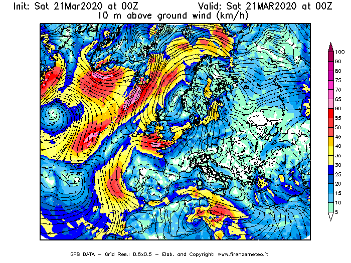 Mappa di analisi GFS - Velocità del vento a 10 metri dal suolo [km/h] in Europa
									del 21/03/2020 00 <!--googleoff: index-->UTC<!--googleon: index-->