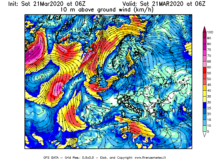 Mappa di analisi GFS - Velocità del vento a 10 metri dal suolo [km/h] in Europa
									del 21/03/2020 06 <!--googleoff: index-->UTC<!--googleon: index-->
