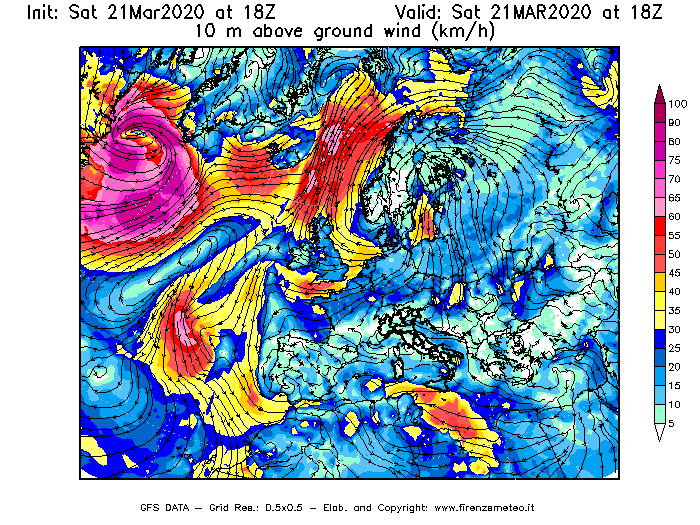 Mappa di analisi GFS - Velocità del vento a 10 metri dal suolo [km/h] in Europa
									del 21/03/2020 18 <!--googleoff: index-->UTC<!--googleon: index-->