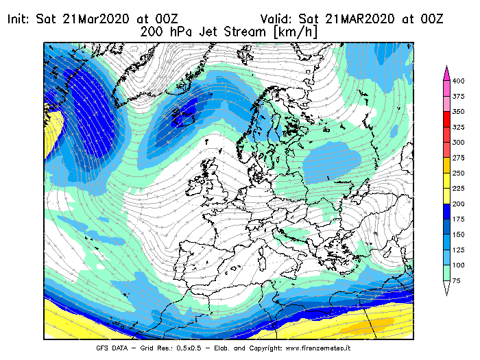 Mappa di analisi GFS - Jet Stream a 200 hPa in Europa
									del 21/03/2020 00 <!--googleoff: index-->UTC<!--googleon: index-->