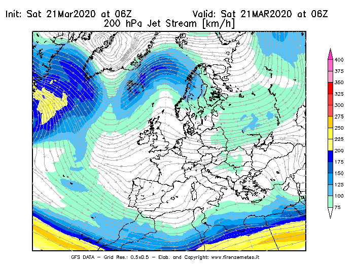 Mappa di analisi GFS - Jet Stream a 200 hPa in Europa
									del 21/03/2020 06 <!--googleoff: index-->UTC<!--googleon: index-->