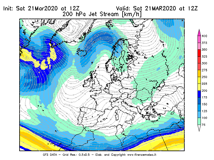 Mappa di analisi GFS - Jet Stream a 200 hPa in Europa
									del 21/03/2020 12 <!--googleoff: index-->UTC<!--googleon: index-->