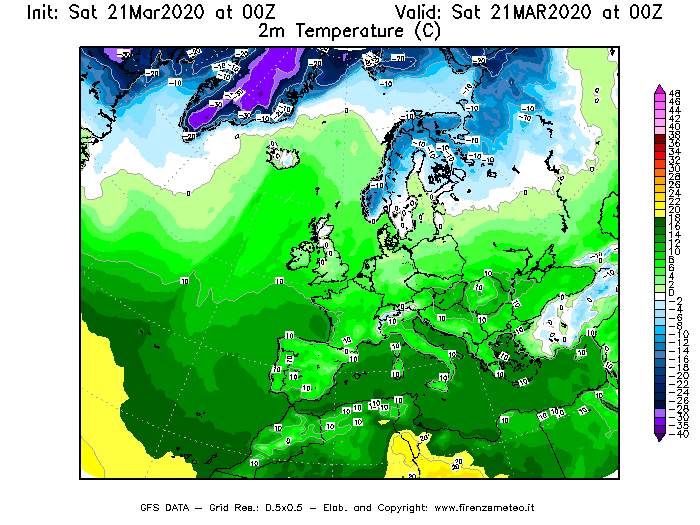 Mappa di analisi GFS - Temperatura a 2 metri dal suolo [°C] in Europa
									del 21/03/2020 00 <!--googleoff: index-->UTC<!--googleon: index-->