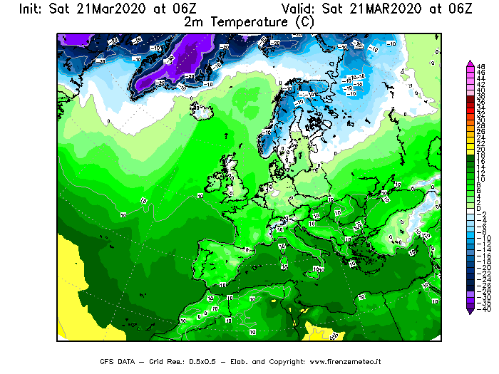 Mappa di analisi GFS - Temperatura a 2 metri dal suolo [°C] in Europa
							del 21/03/2020 06 <!--googleoff: index-->UTC<!--googleon: index-->