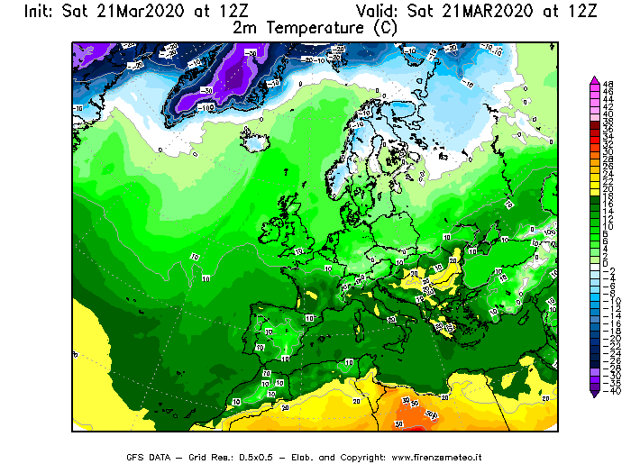 Mappa di analisi GFS - Temperatura a 2 metri dal suolo [°C] in Europa
									del 21/03/2020 12 <!--googleoff: index-->UTC<!--googleon: index-->