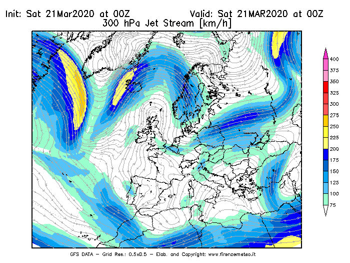 Mappa di analisi GFS - Jet Stream a 300 hPa in Europa
							del 21/03/2020 00 <!--googleoff: index-->UTC<!--googleon: index-->
