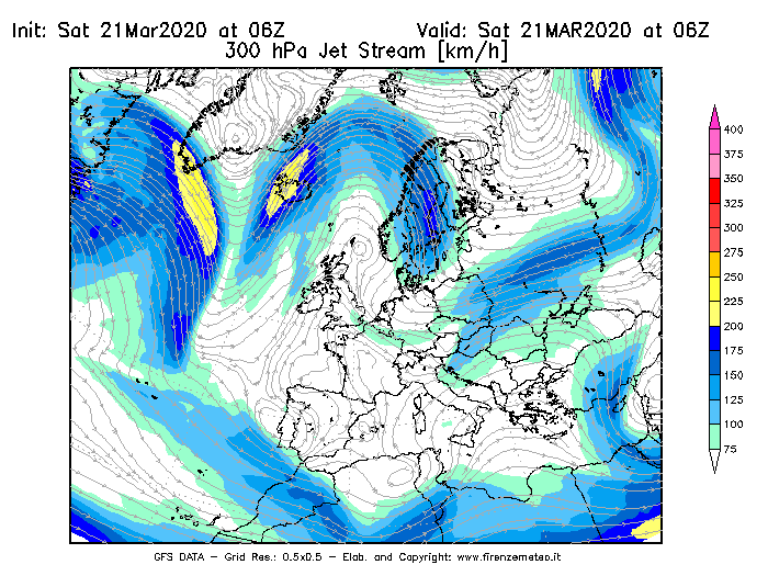 Mappa di analisi GFS - Jet Stream a 300 hPa in Europa
									del 21/03/2020 06 <!--googleoff: index-->UTC<!--googleon: index-->