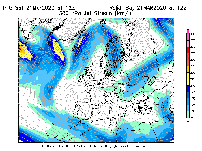Mappa di analisi GFS - Jet Stream a 300 hPa in Europa
									del 21/03/2020 12 <!--googleoff: index-->UTC<!--googleon: index-->