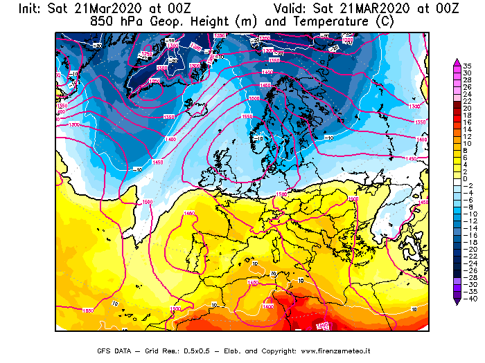 Mappa di analisi GFS - Geopotenziale [m] e Temperatura [°C] a 850 hPa in Europa
							del 21/03/2020 00 <!--googleoff: index-->UTC<!--googleon: index-->