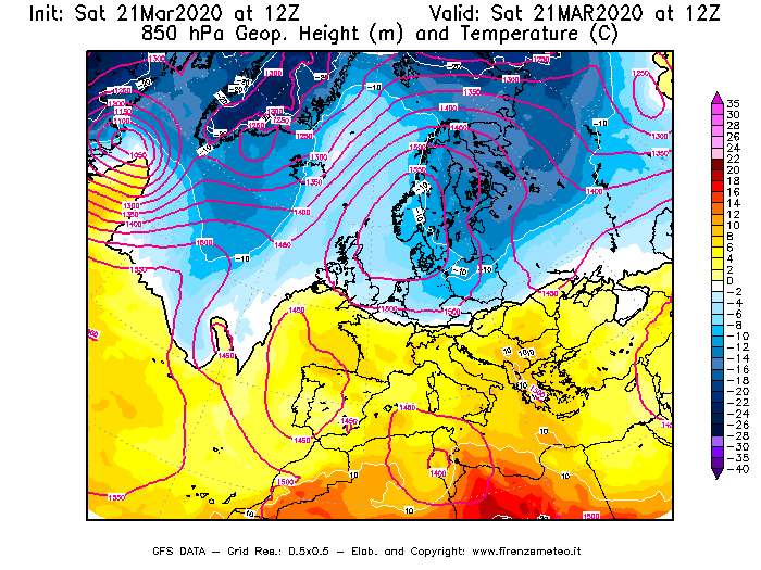 Mappa di analisi GFS - Geopotenziale [m] e Temperatura [°C] a 850 hPa in Europa
							del 21/03/2020 12 <!--googleoff: index-->UTC<!--googleon: index-->