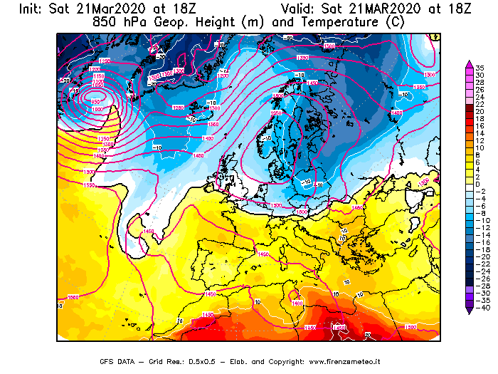 Mappa di analisi GFS - Geopotenziale [m] e Temperatura [°C] a 850 hPa in Europa
							del 21/03/2020 18 <!--googleoff: index-->UTC<!--googleon: index-->