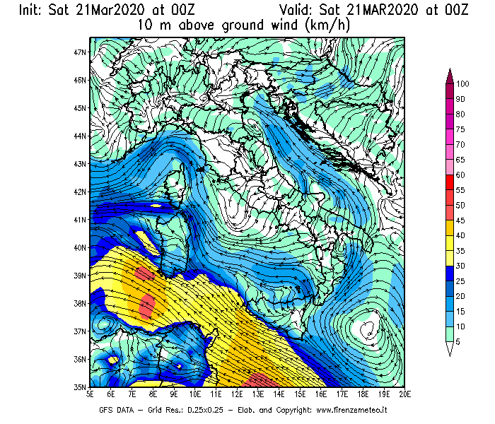 Mappa di analisi GFS - Velocità del vento a 10 metri dal suolo [km/h] in Italia
							del 21/03/2020 00 <!--googleoff: index-->UTC<!--googleon: index-->