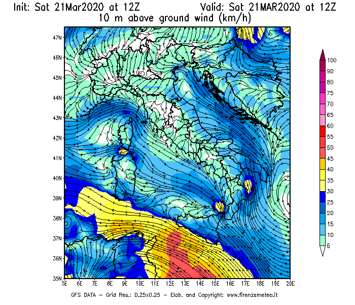 Mappa di analisi GFS - Velocità del vento a 10 metri dal suolo [km/h] in Italia
									del 21/03/2020 12 <!--googleoff: index-->UTC<!--googleon: index-->