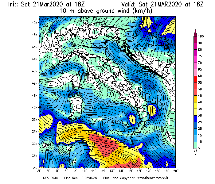 Mappa di analisi GFS - Velocità del vento a 10 metri dal suolo [km/h] in Italia
									del 21/03/2020 18 <!--googleoff: index-->UTC<!--googleon: index-->