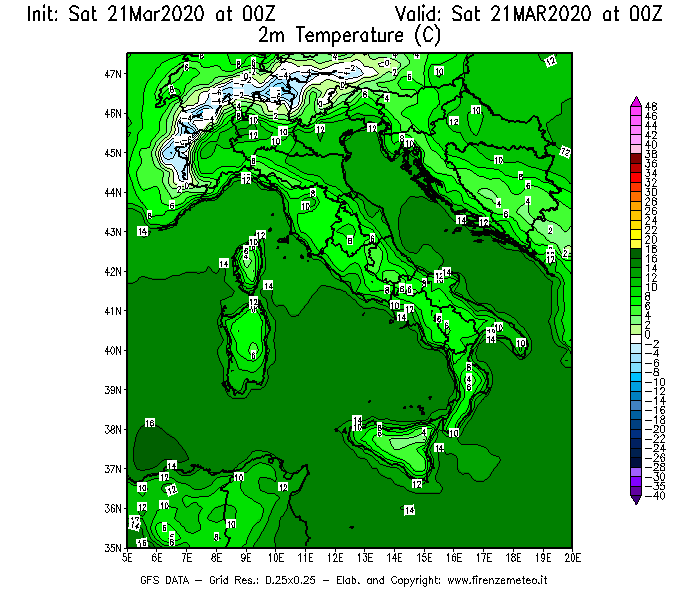 Mappa di analisi GFS - Temperatura a 2 metri dal suolo [°C] in Italia
									del 21/03/2020 00 <!--googleoff: index-->UTC<!--googleon: index-->