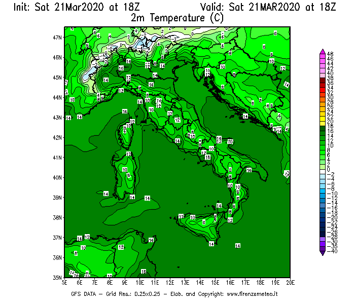 Mappa di analisi GFS - Temperatura a 2 metri dal suolo [°C] in Italia
									del 21/03/2020 18 <!--googleoff: index-->UTC<!--googleon: index-->