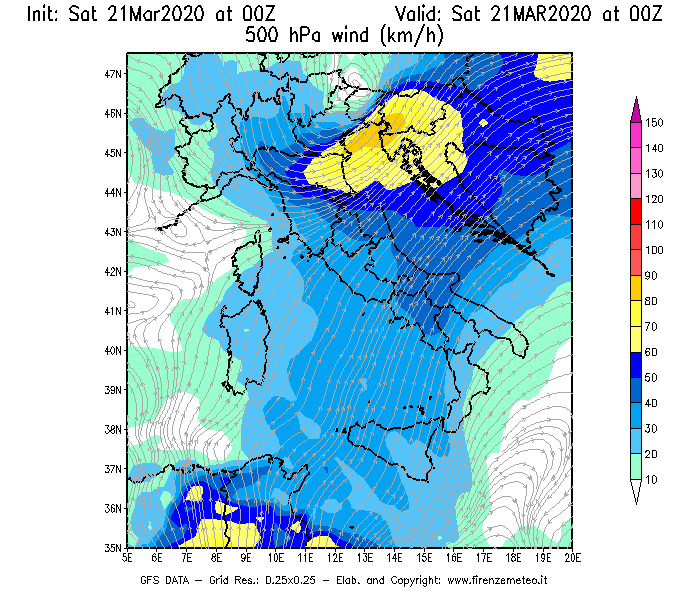Mappa di analisi GFS - Velocità del vento a 500 hPa [km/h] in Italia
									del 21/03/2020 00 <!--googleoff: index-->UTC<!--googleon: index-->