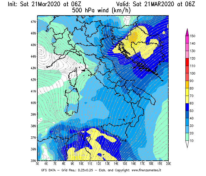 Mappa di analisi GFS - Velocità del vento a 500 hPa [km/h] in Italia
							del 21/03/2020 06 <!--googleoff: index-->UTC<!--googleon: index-->