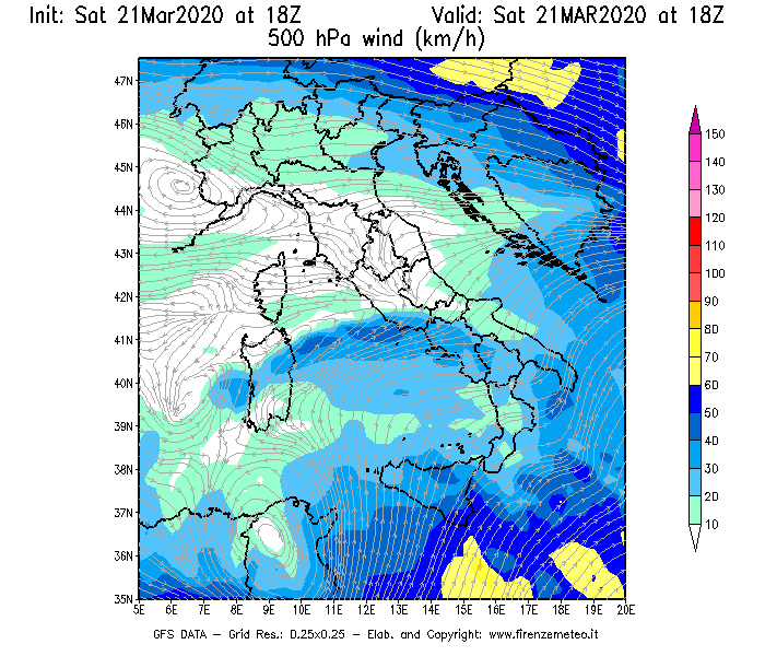 Mappa di analisi GFS - Velocità del vento a 500 hPa [km/h] in Italia
									del 21/03/2020 18 <!--googleoff: index-->UTC<!--googleon: index-->