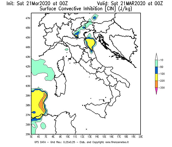 Mappa di analisi GFS - CIN [J/kg] in Italia
							del 21/03/2020 00 <!--googleoff: index-->UTC<!--googleon: index-->