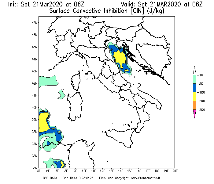 Mappa di analisi GFS - CIN [J/kg] in Italia
							del 21/03/2020 06 <!--googleoff: index-->UTC<!--googleon: index-->