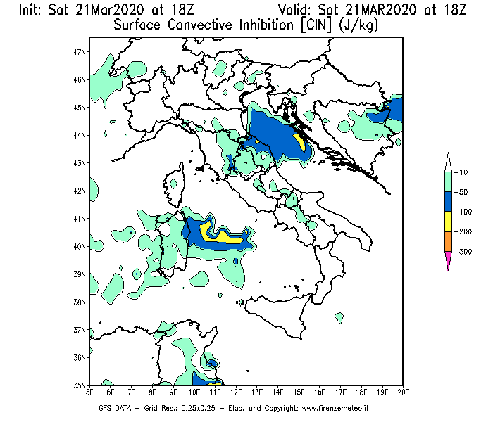 Mappa di analisi GFS - CIN [J/kg] in Italia
									del 21/03/2020 18 <!--googleoff: index-->UTC<!--googleon: index-->