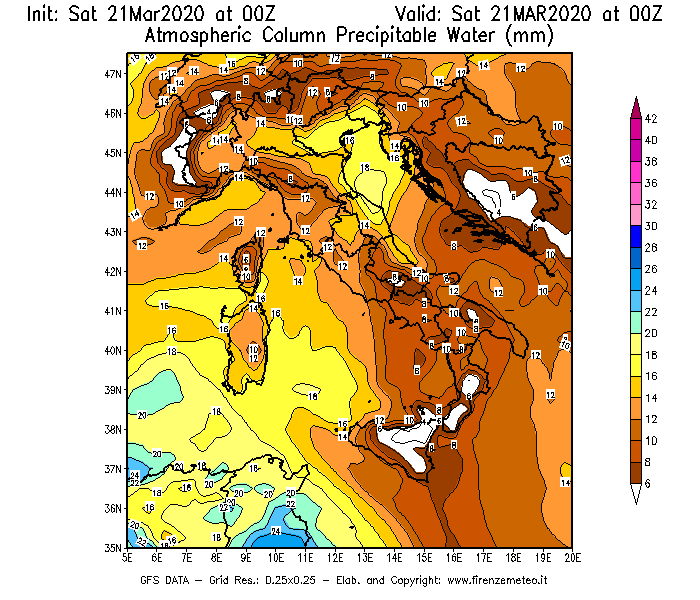 Mappa di analisi GFS - Precipitable Water [mm] in Italia
									del 21/03/2020 00 <!--googleoff: index-->UTC<!--googleon: index-->