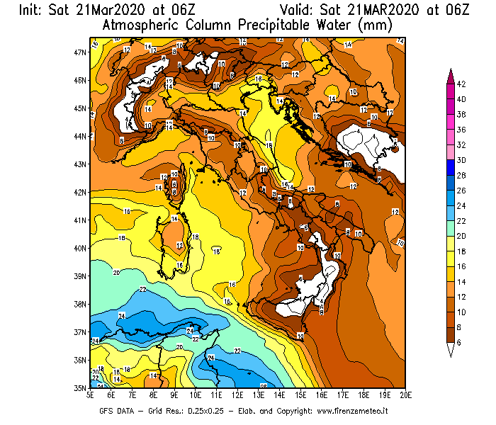 Mappa di analisi GFS - Precipitable Water [mm] in Italia
							del 21/03/2020 06 <!--googleoff: index-->UTC<!--googleon: index-->