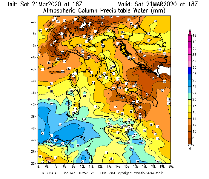 Mappa di analisi GFS - Precipitable Water [mm] in Italia
							del 21/03/2020 18 <!--googleoff: index-->UTC<!--googleon: index-->