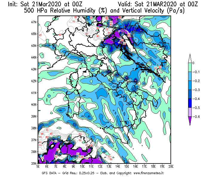 Mappa di analisi GFS - Umidità relativa [%] e Omega [Pa/s] a 500 hPa in Italia
							del 21/03/2020 00 <!--googleoff: index-->UTC<!--googleon: index-->