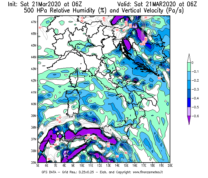 Mappa di analisi GFS - Umidità relativa [%] e Omega [Pa/s] a 500 hPa in Italia
							del 21/03/2020 06 <!--googleoff: index-->UTC<!--googleon: index-->