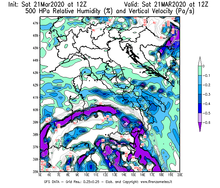Mappa di analisi GFS - Umidità relativa [%] e Omega [Pa/s] a 500 hPa in Italia
							del 21/03/2020 12 <!--googleoff: index-->UTC<!--googleon: index-->