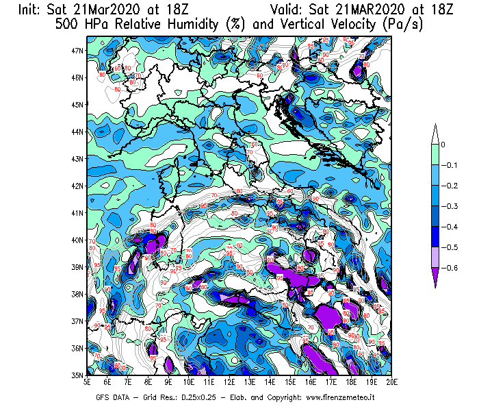 Mappa di analisi GFS - Umidità relativa [%] e Omega [Pa/s] a 500 hPa in Italia
							del 21/03/2020 18 <!--googleoff: index-->UTC<!--googleon: index-->