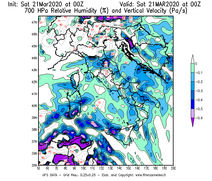 Mappa di analisi GFS - Umidità relativa [%] e Omega [Pa/s] a 700 hPa in Italia
							del 21/03/2020 00 <!--googleoff: index-->UTC<!--googleon: index-->