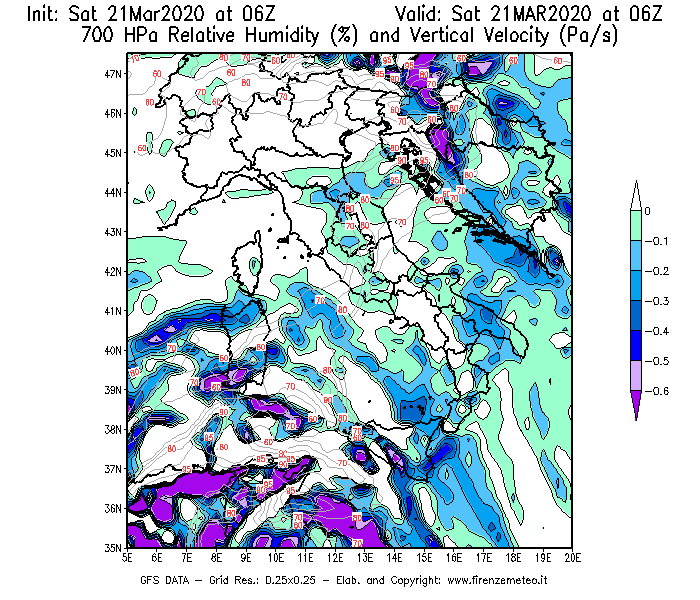 Mappa di analisi GFS - Umidità relativa [%] e Omega [Pa/s] a 700 hPa in Italia
							del 21/03/2020 06 <!--googleoff: index-->UTC<!--googleon: index-->