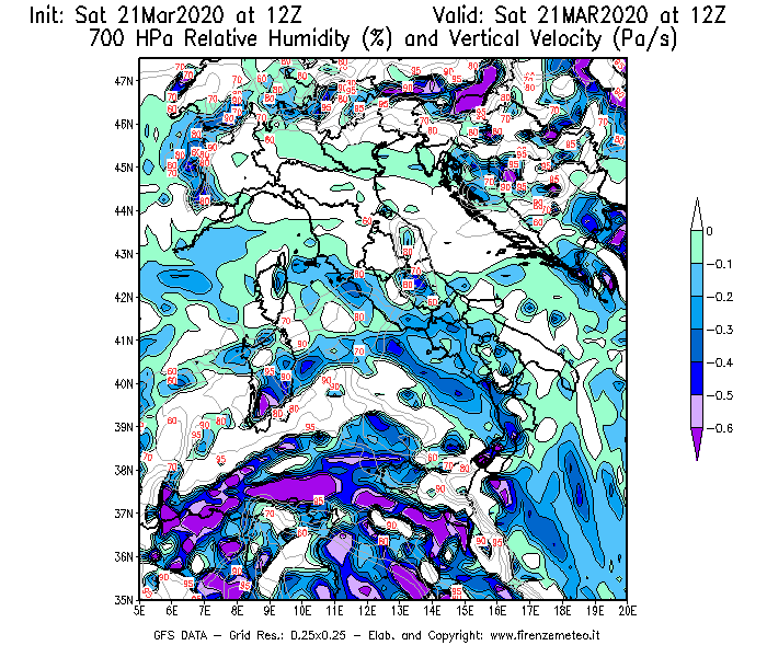 Mappa di analisi GFS - Umidità relativa [%] e Omega [Pa/s] a 700 hPa in Italia
									del 21/03/2020 12 <!--googleoff: index-->UTC<!--googleon: index-->
