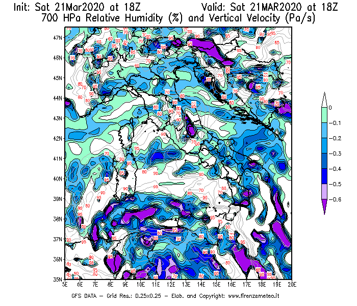 Mappa di analisi GFS - Umidità relativa [%] e Omega [Pa/s] a 700 hPa in Italia
							del 21/03/2020 18 <!--googleoff: index-->UTC<!--googleon: index-->