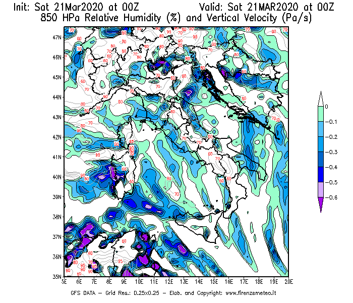 Mappa di analisi GFS - Umidità relativa [%] e Omega [Pa/s] a 850 hPa in Italia
									del 21/03/2020 00 <!--googleoff: index-->UTC<!--googleon: index-->